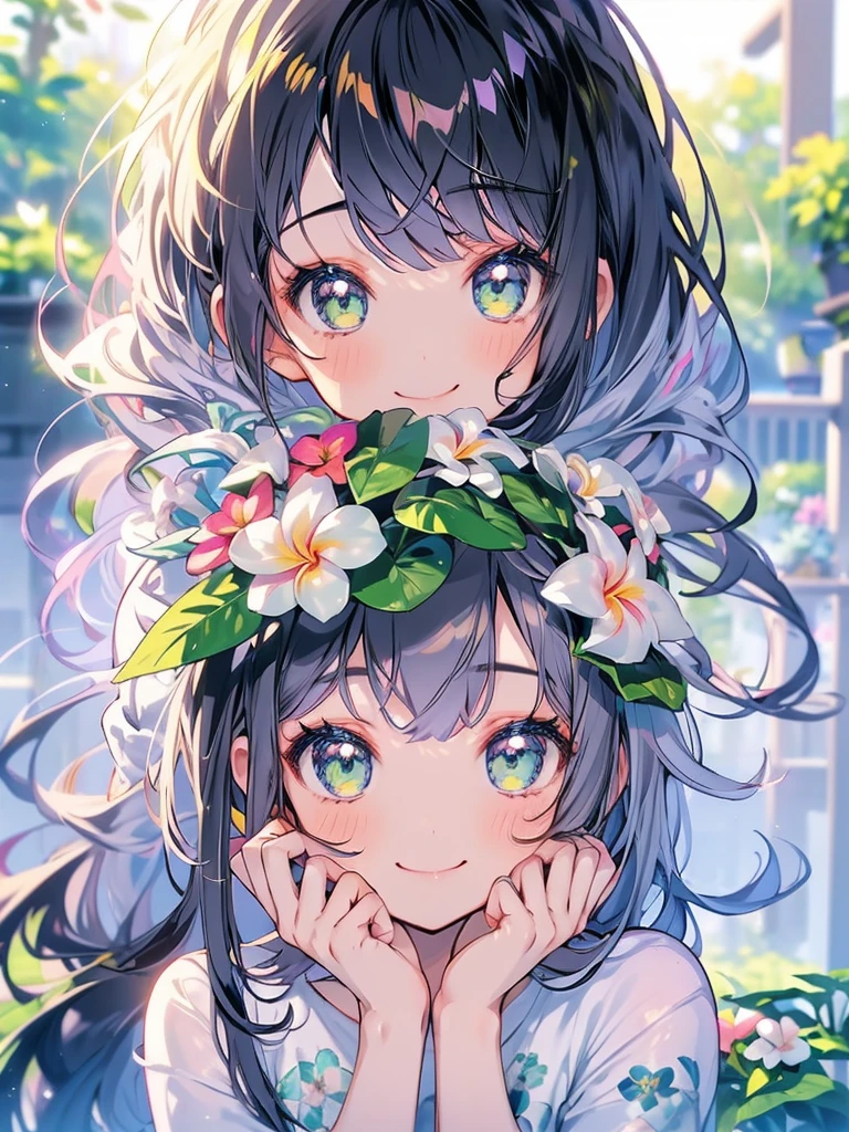 masterpiece、smile、Anime Girls, Gray Hair、 Green Eyes、可愛いAnime Girls、smile、(White Plumeria))、Fractal Art、Gwaiz、garden、Flower garden