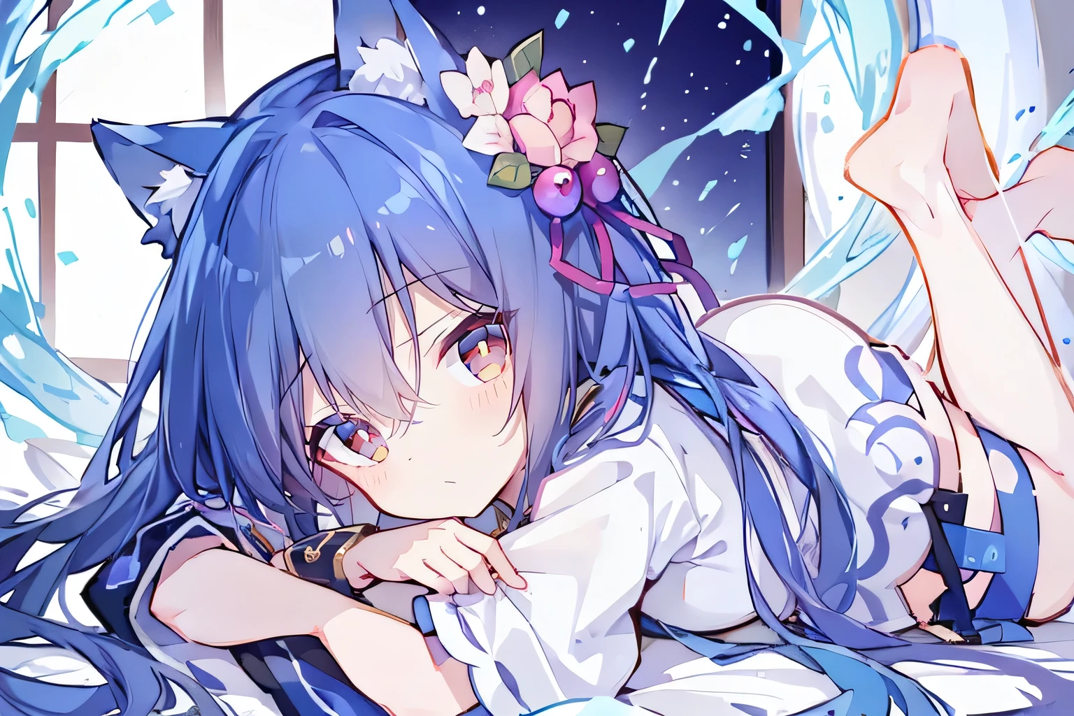 （masterpiece：1.2），Super detailed，lifelike，Expressive eyes，fair skin，perfect face shape，1 girl，
Japanese comics,Gorgeous blue hair,flowing blue hair,flowing clothes,Cat ears,Petals fall,beautiful lola,Baby Angel,
Shaking head with one hand，Cross your legs，Gentle and peaceful background，The pavilion is cool and comfortable,smile, wearing hoodie, In front of the window,snowing