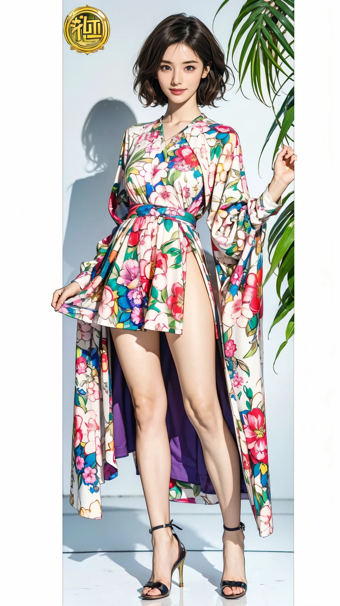 ((masterpiece)),(((Highest quality))),Character design sheet:1.5,Long legs,Slender figure:1.5,whole body:1.5,(One Girl:1.3),(Viewer Display:1.4),The best smile:1.5,(Pointy high heels:1.3),(Stand with legs apart:1.2),(Wearing a floral and plant print mini dress:1.2), Curly Hair:1.5,High waist:1.5,