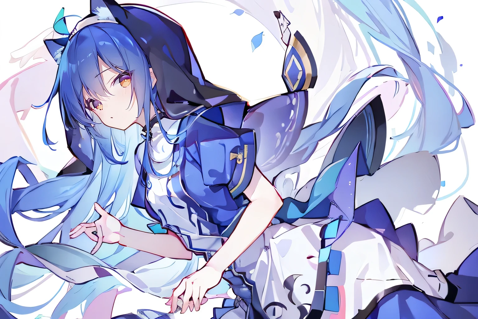 (masterpiece:1.2),Extremely detailed,Practical,expressive eyes,Fair skin,Perfect face shaping,1 Girl,
Japanese cartoons,Gorgeous blue hair, the long flowing blue hair,Floating clothes,Cat ears,Petals fall,beautiful lola,Young Angel,
Place your hands on your waist,sit elegantly on the ground,Cross your legs,Gentle and peaceful background,stately church,nun.