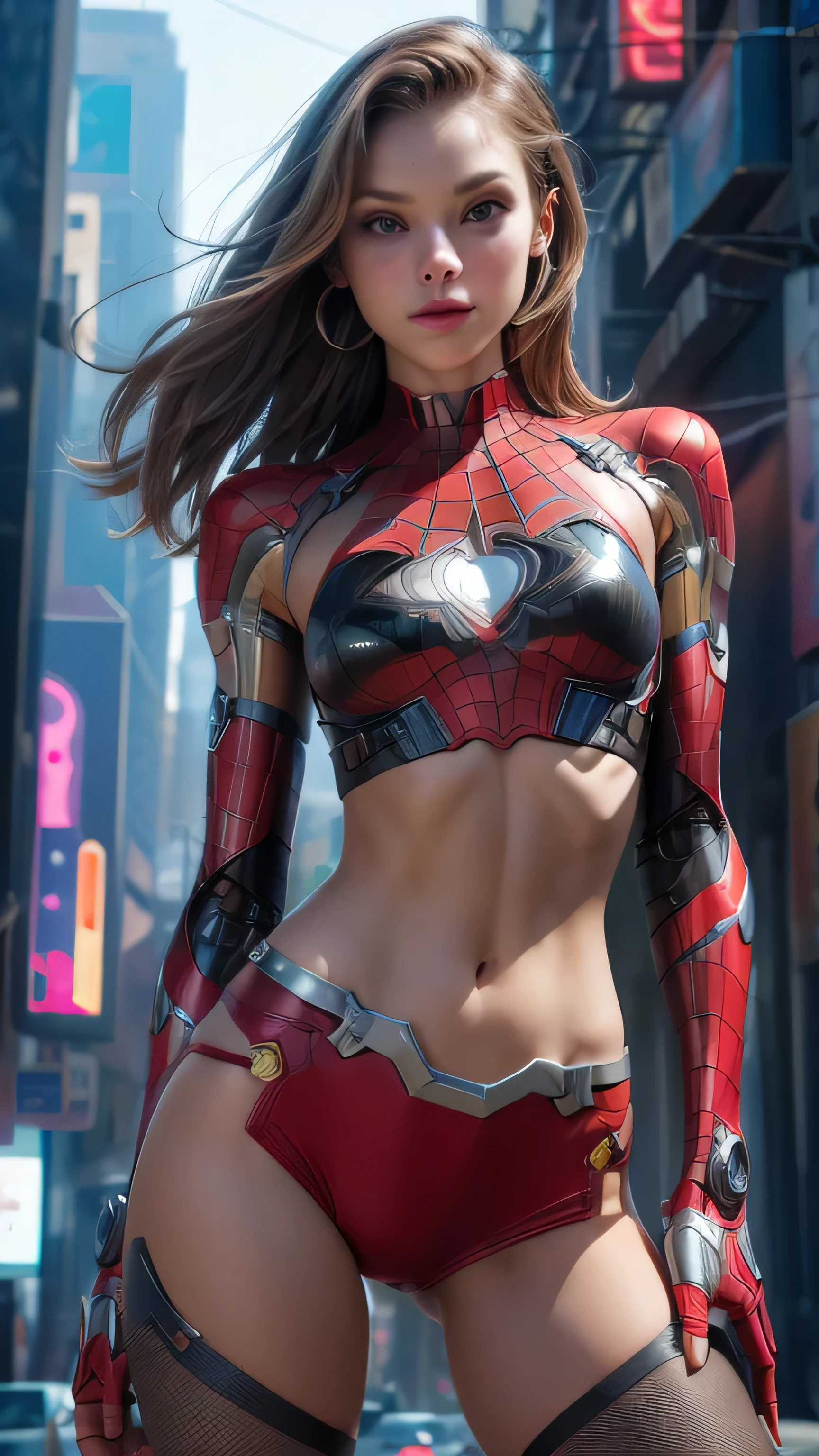 ((masterpiece, 8K, 3D, Realistic, Super Detail)), (1girl:1.3), slender age, Ultra Micro photography, Melissa Benoist Super realistic, Perfect face, 16K resolution, 4k resolution, The photo was taken from the Front, facing to the photographer, Foreground photo, dynamic lighting, posing on a pedestal, high-definition resolution, Beautiful features, ((Perfect female Model Slim body)) Beautiful features, Standing pose, ((small hip)), (((2 piece Hotpants-Bikini))), Sci-fi futuristic, ((Iron man armor)) ((bionic Fragmented Super Girl chest armor suit)), ((Exposed slim thighs)), wear mesh metal-stockings, ((slim thighs)), ((bionic Slim thighs Spider man armor)), Front Full body Shot, full body portrait, perfect legs, Iron Man shoes, futuristic city background