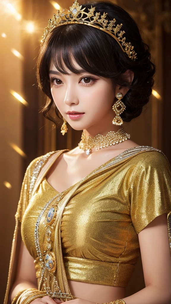 goddess Golden Clothes Sparkling accessories crown Black Hair short hair gorgeous Facing forward