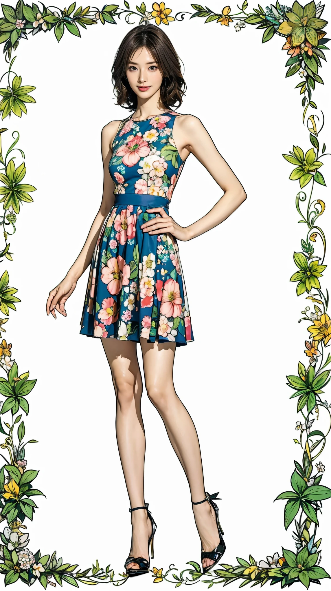 ((masterpiece)),(((Highest quality))),Character design sheet:1.5，Long legs,Slender figure:1.5，whole body:1.5，(One Girl:1.3),(Viewer Display:1.4)，The best smile:1.5，(Pointy high heels:1.3),(Stand with legs apart:1.2),(Wearing a floral and plant print mini dress:1.2), Curly Hair:1.5，High waist:1.5，