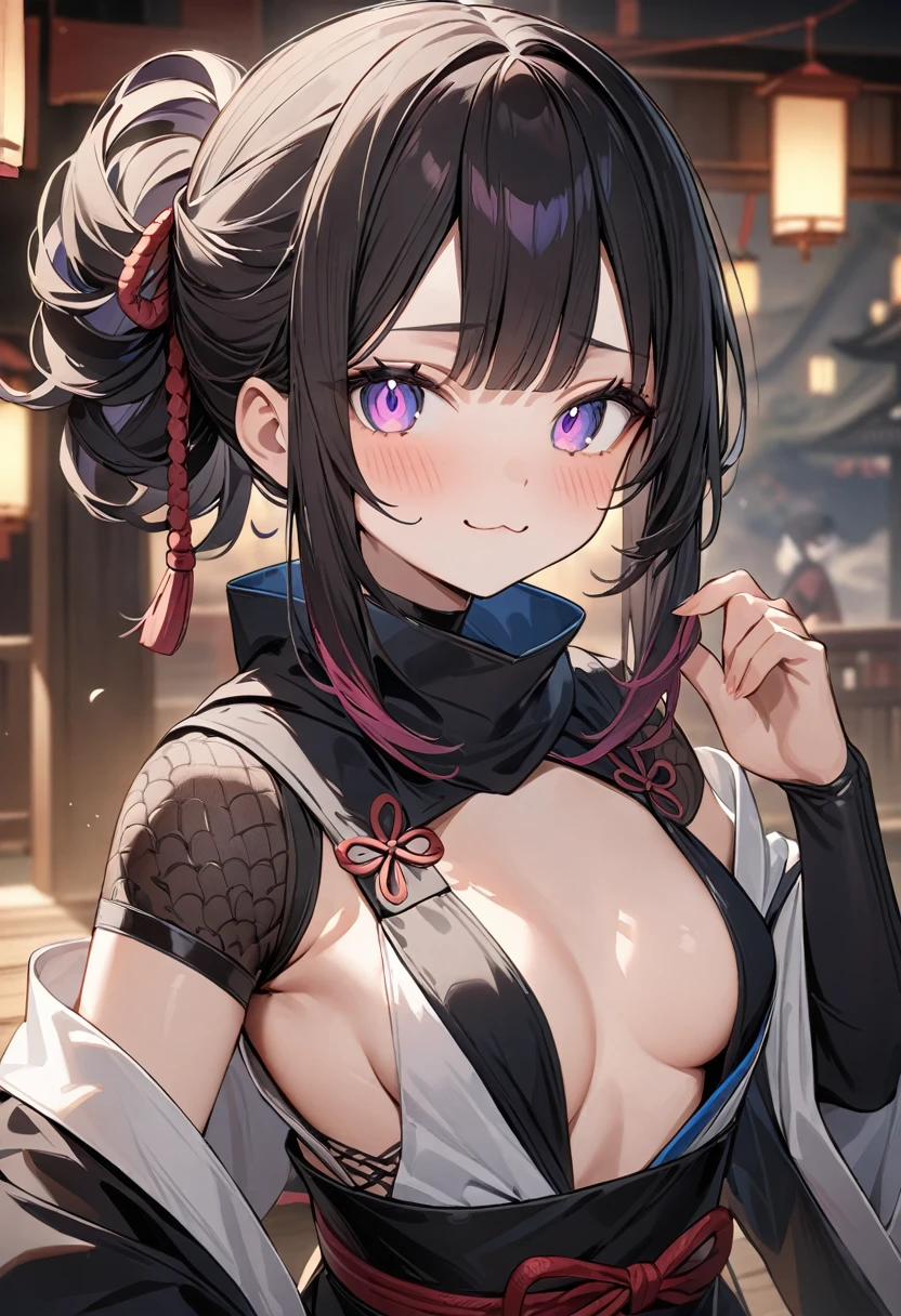 (masterpiece, top quality, very aesthetic, 4k、illustration), intricate detail, 1girl,Standing 、(upper body)、:3、(:3),Cute 、Random Hair Color、,middle hair,sidelock ,Random Color　eyes、ninja clothes、small breasts、Slim 、