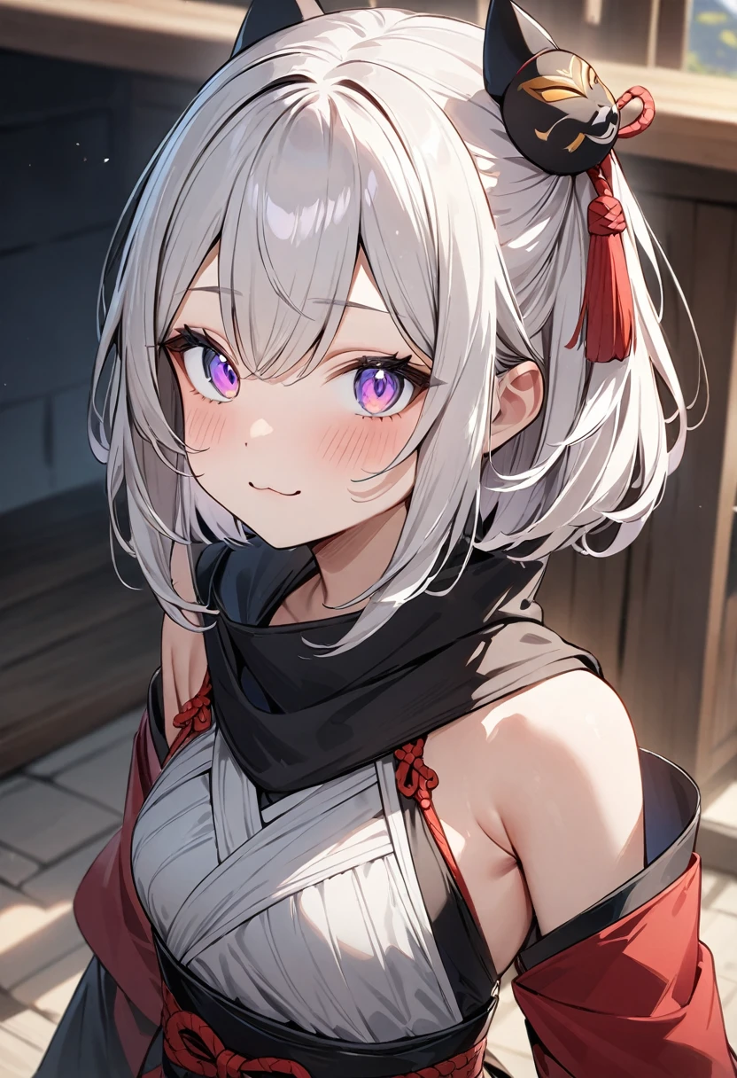 (masterpiece, top quality, very aesthetic, 4k、illustration), intricate detail, 1girl,Standing 、(upper body)、:3、(:3),Cute 、Random Hair Color、,middle hair,sidelock ,Random Color　eyes、ninja clothes、small breasts、Slim 、