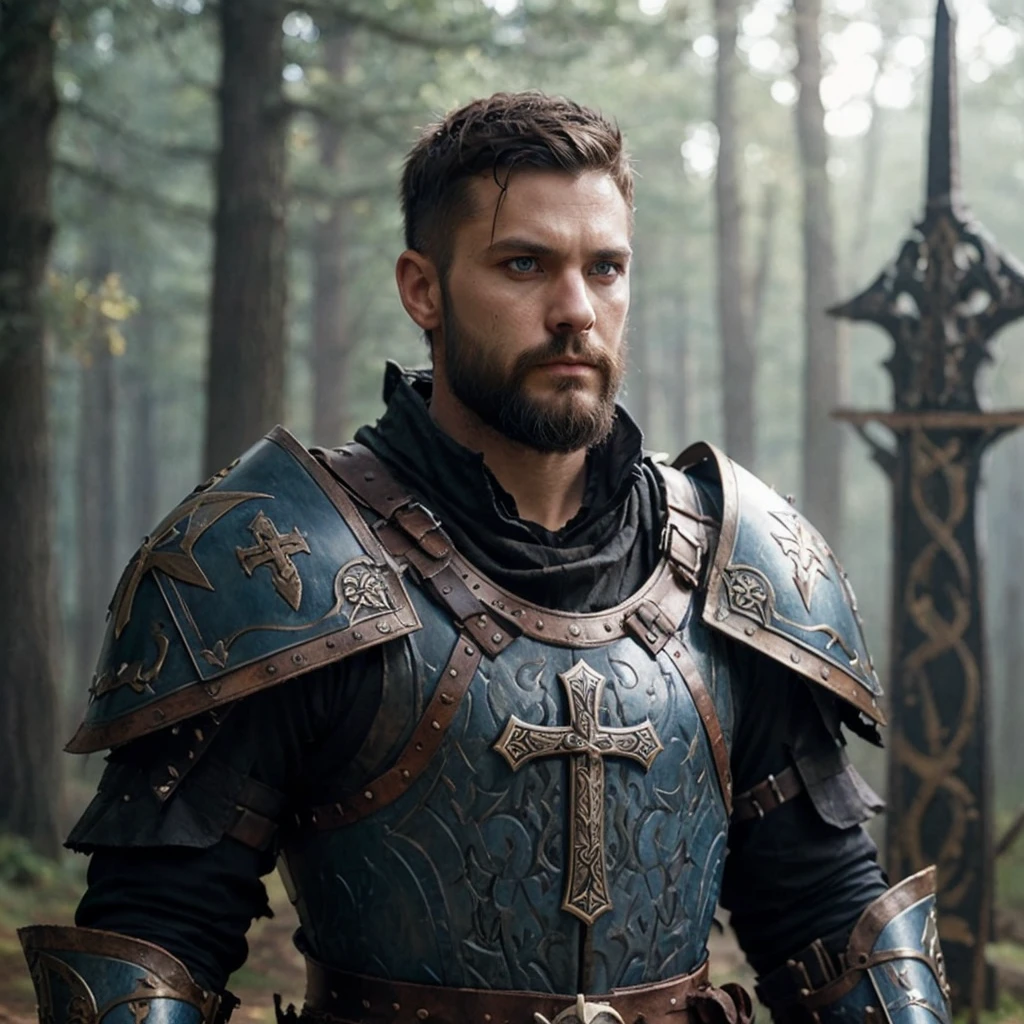 Warrior swordsman , leather suit over which armor is worn, on the armor there is a cross and pagan runes , short haircut , thick beard , Blue eyes , Dark hair color.