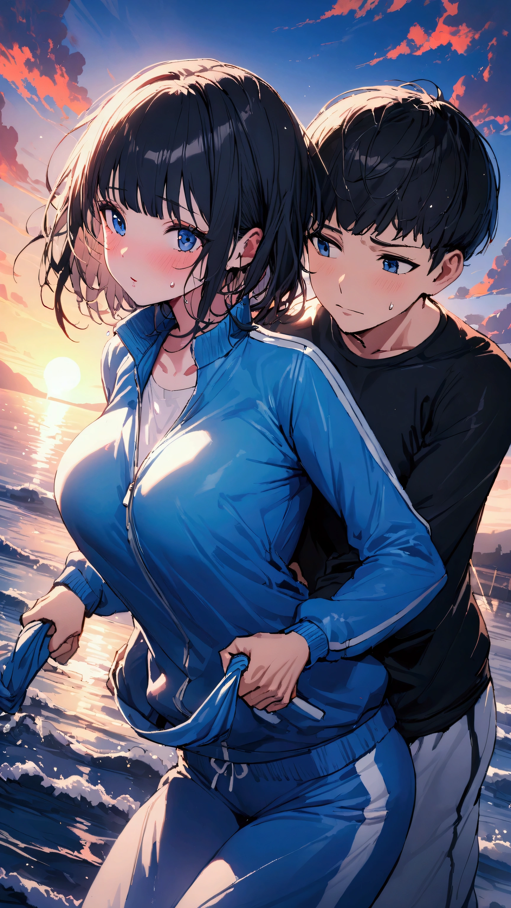 masterpiece, Highest quality, Ultra-high resolution, (beautiful girl: 1.3), Black Hair, bowl cut hair、Looks like a 、One Boy、 (A boy in his class grabs his blue sweatpants from behind and pulls them down: 1.5), (The jacket is a blue track jacket.: 1.2), back view、Big and shapely ass、A waterway with a dazzling sunset、A little wet、Focus on the big, beautifully shaped butt,butt crack、