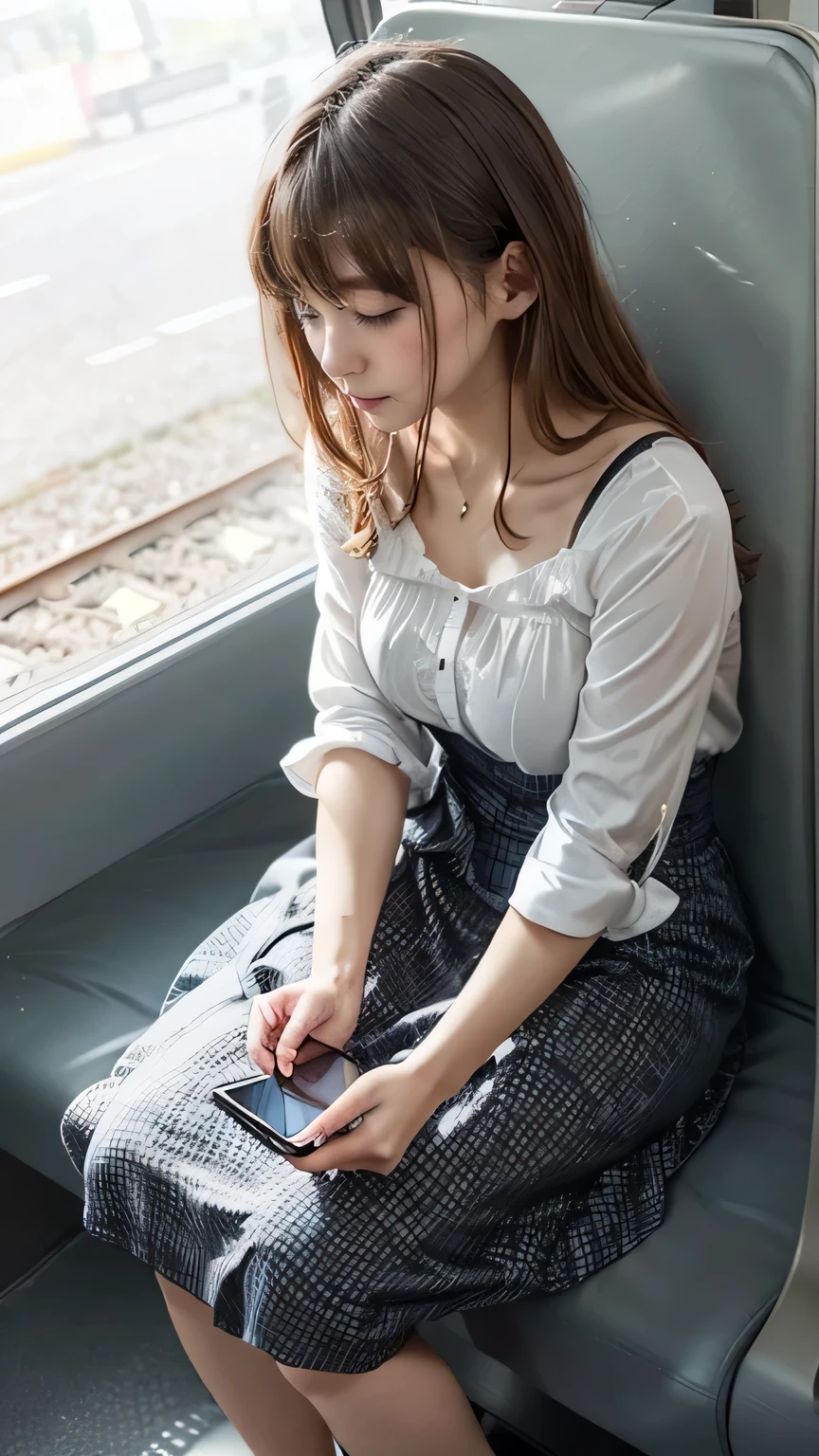 (On the train in Tokyo、Sitting in a seat on the Yamanote Line、Girl looking at smartphone)、(Realistic、Like a photograph、Live Action、8k, Realistic, RAW Photos, Best image quality: 1.4), Single-lens reflex camera、RAW Photos, Highest quality, Realistic, Highly detailed CG Unity 8k wallpaper, Written boundary depth, Cinematic Light, Lens flare, Ray Tracing, Realistic background、(Open-necked blouse with frills:1.4、Long skirt:1.4、Big Breasts、Breast flash:1.3)((Brown inner color hair:1.1))、((White skin))、 Cute Japan Office Lady、Japanese Girls、23 years old、((whole body:1.5))、Long Hair:1.2、I like that style、stylish、Very detailed、Pay attention to the details、Perfect outfit、Holding a smartphone on the train、sit in a train seat、View from above、Accurate Arm、Accurate feet