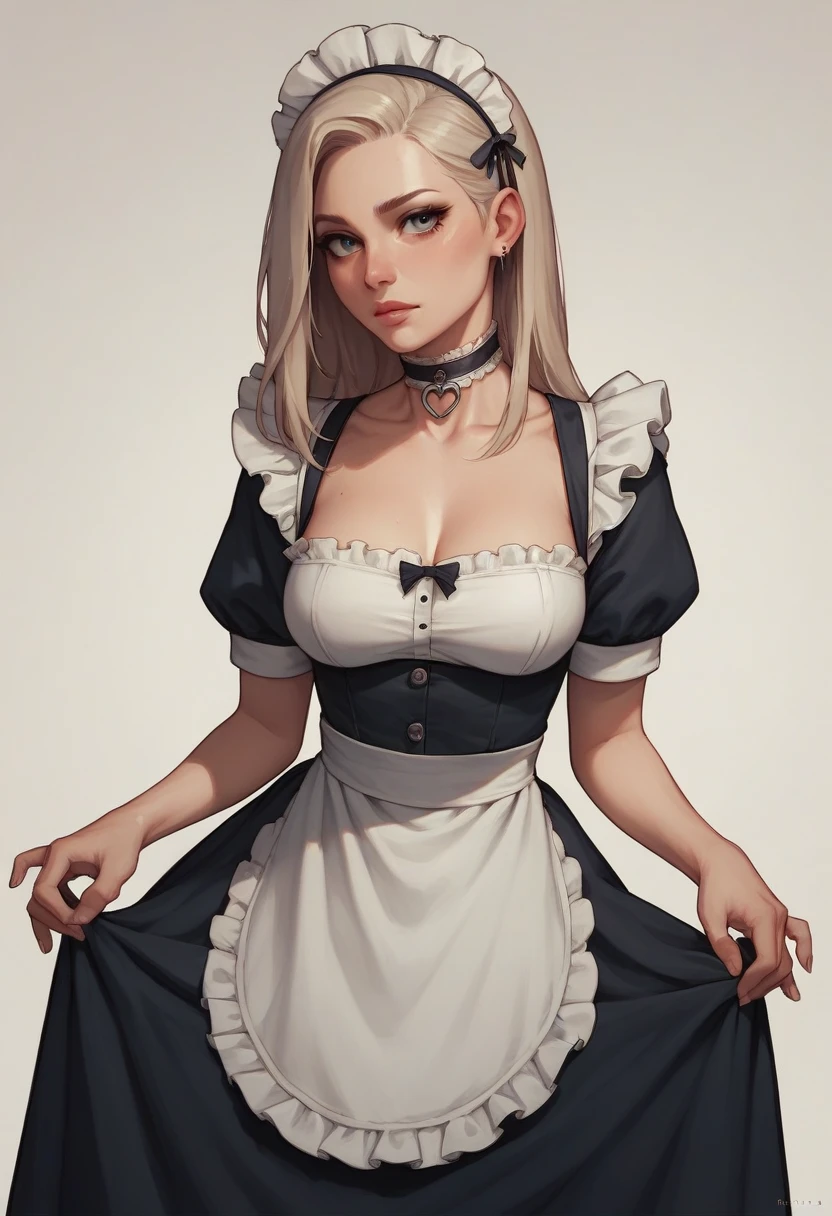 choker, Maid's Headdress, Black kimono, Wide sleeves, Frills, heart, White apron, Sleeves are longer than the wrist, skirt, red skirt, Brown footwear, Cross-laced shoes、Huge breasts、Upper Body、blush、Cleavage、Huge penis、Staring at the penis、Handjob