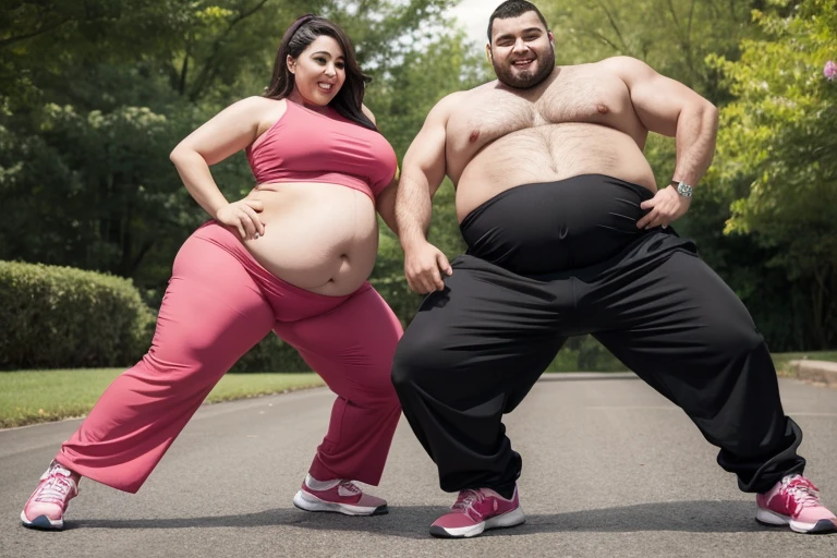 a big belly man and a big belly woman, energetic, full body shot