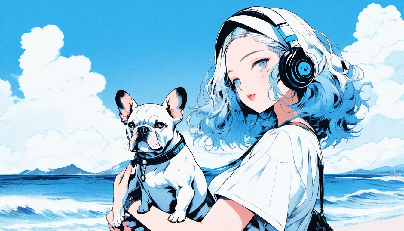 Illustrator, anime , Realistic ,sketch , An adult woman holding a cute bulldog puppy wearing headphones, lip, nail、T-shirt,order,Textured Trim, (masterpiece,Highest quality) Blue background, Neon Hair,Textured Trim, Canadian, (masterpiece,Highest quality) Cancer，Summer landscape、Seaside、Blue sky、white waves、Vision、
