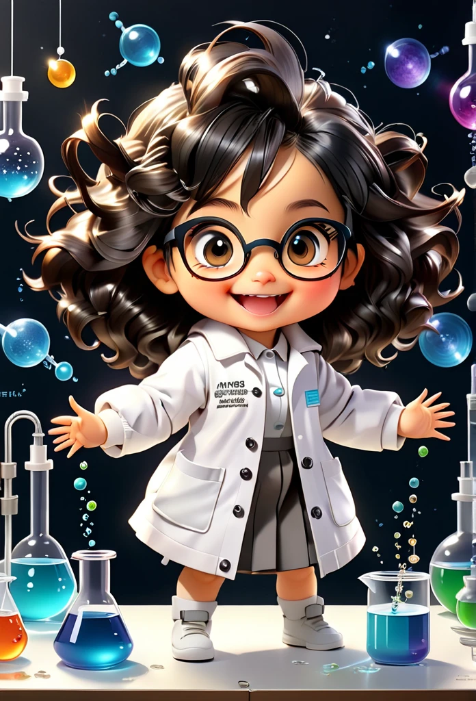 Chibi Baby Chemistry Mascot MASCOT, atoms, Molecules ,Has black hair , Blind box style and model with popular market style, The sunlight shines, , hyper qualit, sharp features, Ultra HD and 8K resolution,Cool Hand Drawn Illustration,fly away (Inside out disgusting), Create a series of best quality cute chibi dolls,ultra details,realisitic,Science Laboratory,Chemical experiment,ultra HD, chemical equipment,scientists working,cups,UHD Bunsen Burner ,Microscope,laboratory glassware,measuring cylinders,labcoats,Round nerd glasses ,science books,Periodic table,scientific research,discoveries,new inventions,innovation,aprendizagem,education,Scientific culture wears coat with details of buttons and brooches , her coat is charming and cute with ultra chemical details ,Curiosidade,Technological advancements,swirly vibrant colors,soft lighting,modern laboratory,nerdy atmosphere,laboratory instruments,hypothesis testing,Scientific method,symbolic representation,Critical thinking,experiments ,precision,precision,Intricate details,impressive scientific setup,natural elements,exploration of the mysteries of science,unlocking the secrets of nature. Baby chibi is happy and excited, remember to use chemical laboratory glassware, The chalkboard behind the cute chibi baby is written the structure of caffeine in white chalk 18K UHDBlack hair, very long hair, American propaganda poster, shine light, 3D rendering,