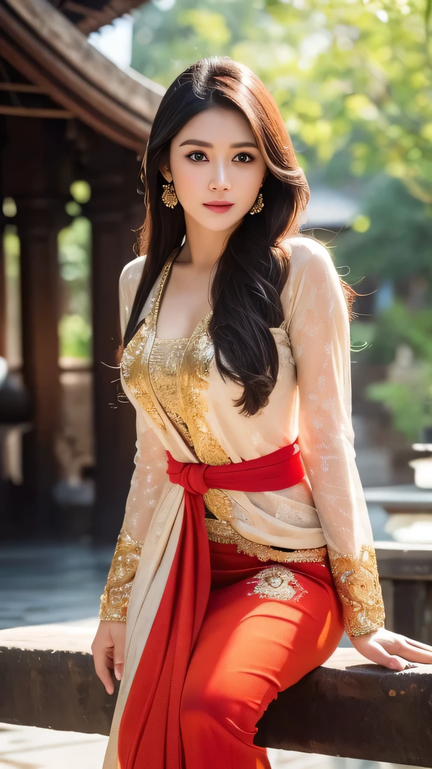 masterpiece, ultra realistic,32k,intricate details, sharp focus, realistic, closed, seductive pose, black eyes, jewelr, lips, realistic, looking_at_viewer, irene1, wet skin, shiny skin, long sleeves, indonesian clothes, bali, balinese, cityscape, dynamic pose, red kebaya,full body,slim body,nice body,long hair,beauty face,cowboy shot