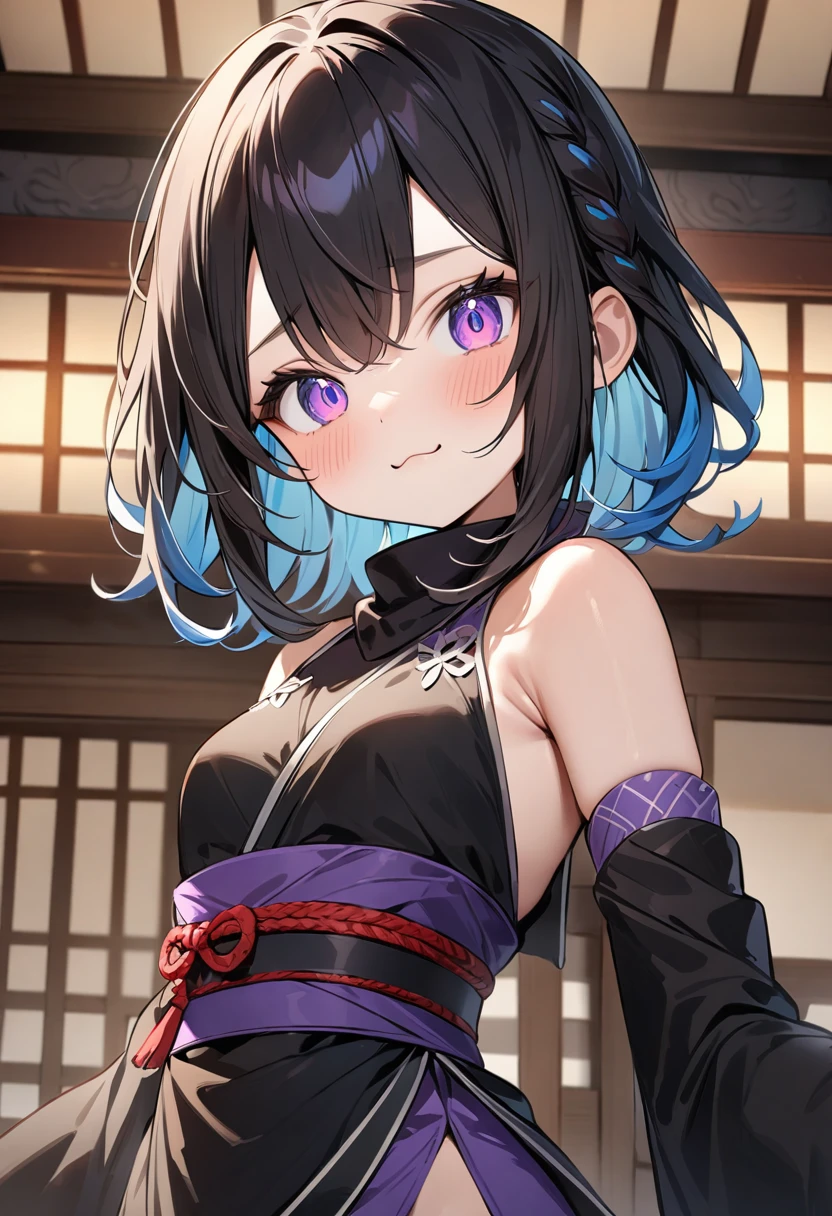 (masterpiece, top quality, very aesthetic, 4k、illustration), intricate detail, 1girl,Standing 、(upper body)、Randomsmile、()、,
Cute 、Random Hair Color、,middle hair,sidelock ,Random Color eyes、ninja clothes、small breasts、Slim 、