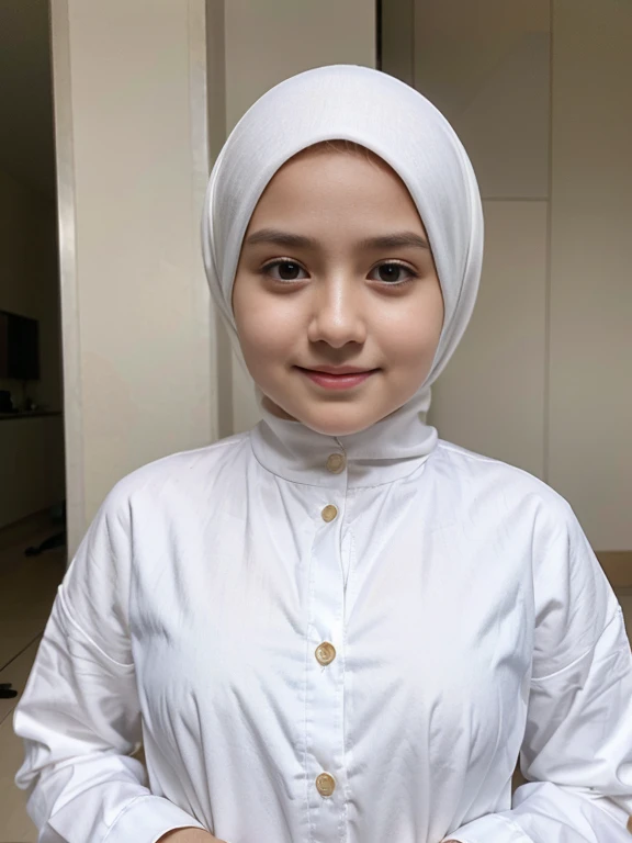 adorable, 1 girl, (face to face), , baby face, happy, full body portrait, (face details: 1), (eye details: 1), ((small breasts)). wearing white long shirt, hijab, .. Cute posed. proportional body. Ultra High Res. realistic: 1.4, UHD
