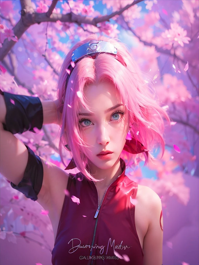 young woman, short shoulder-length pink hair, wide forehead, porcelain skin, pink eyebrows, big emerald green eyes, oned nose, full lips, heart-shaped face, slender body, small bread tank top, Sakura Haruno , realistic, realism, details, 3d, well detailed