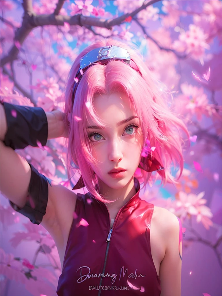 young woman, short shoulder-length pink hair, wide forehead, porcelain skin, pink eyebrows, big emerald green eyes, buttoned nose, full lips, heart-shaped face, slender body, small breasts, red tank top, Sakura Haruno , realistic, realism, details, 3d, well detailed