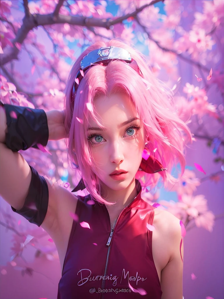 young woman, short shoulder-length pink hair, wide forehead, porcelain skin, pink eyebrows, big emerald green eyes, buttoned nose, full lips, heart-shaped face, slender body, small breasts, red tank top, Sakura Haruno , realistic, realism, details, 3d, well detailed