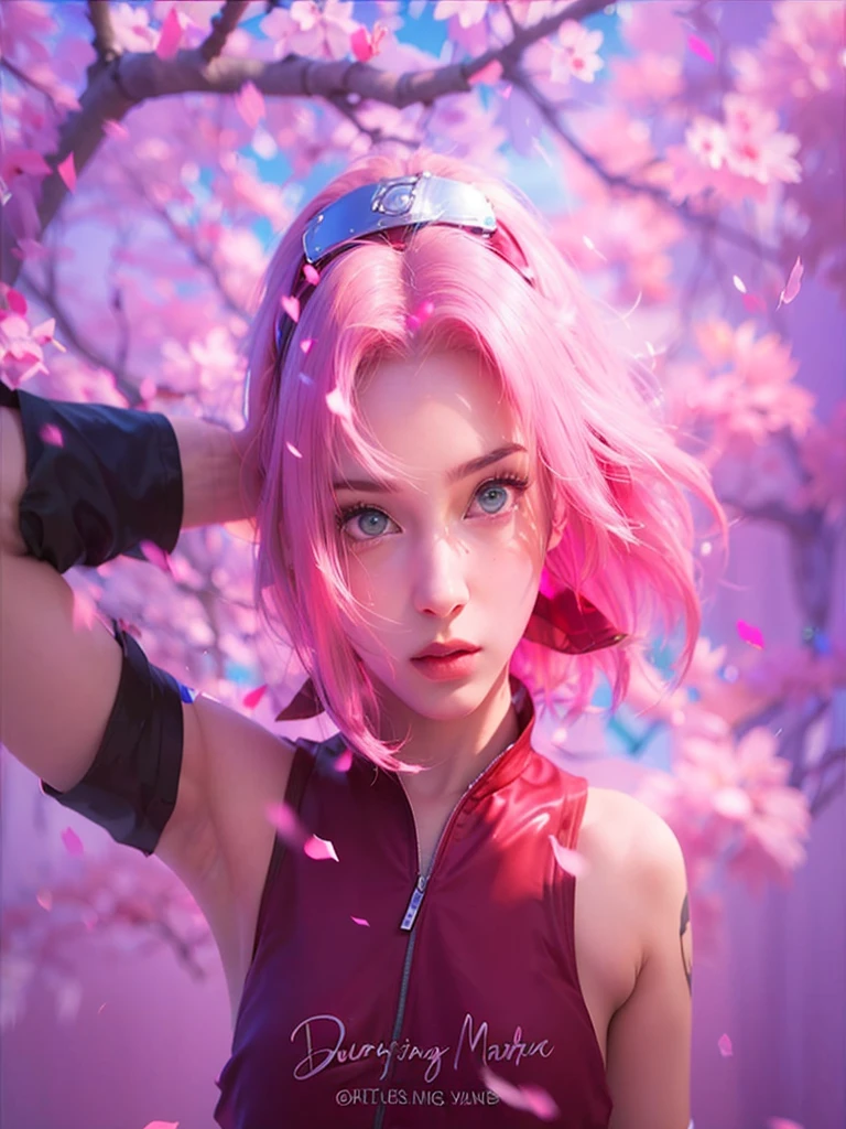 young woman, short shoulder-length pink hair, wide forehead, porcelain skin, pink eyebrows, big emerald green eyes, buttoned nose, full lips, heart-shaped face, slender body, small breasts, red tank top, Sakura Haruno , realistic, realism, details, 3d, well detailed