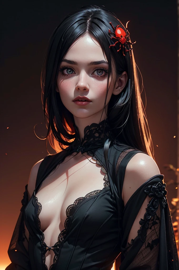 (Realistic:1.5), (((editorial photography))), (((extremely detailed))), ((masterpiece)), (gorgeous gothic woman in black red spider's web), dramatic lighting, (cinematic light:1.1), full body, (cute sexy:0.8), (cute face:1.2), Pleasure, faded colours, depth of field, 35 mm, analog photo style, gothic background, red splash particles with small luminism, sunset, red dawn, dark atmosphere, medieval, intricate hair, inricate small details, (pale skin), hair ornament, long black hair, (fantasy world), (textured skin:1.4)