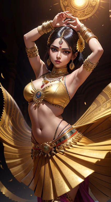 mechanical Indian dancer,metallic color scheme,highly detailed face and body,sparkling eyes and vibrant makeup,ornate jewelry,fluid and graceful movements,traditional Indian attire,extensive use of gears and clockwork mechanisms,ethereal background with hints of Indian architecture,professional studio lighting(best quality:1.2),dramatic shadows and highlights,elegant and intricate dance poses,contrasting colors and textures,artistic fusion of technology and tradition