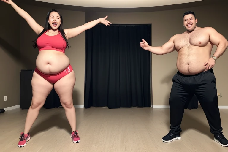 a big belly man and a big belly woman, energetic, full body shot