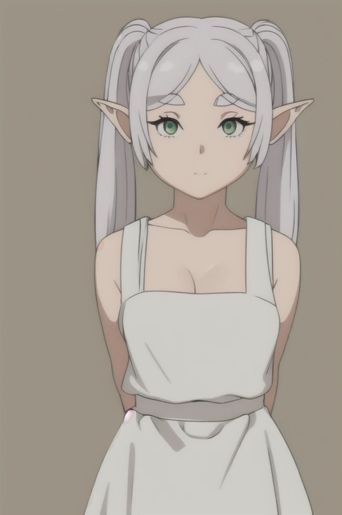 èèè®,1girl,solo,elf,white hair,grey hair,earrisleeveless dress,white dress,sleeveless dress,bare shoulders,collarbone,ngs,pointy ears,long hair,ponytail,green eyes,twintails,parted bangs,thick eyebrows,nsfw,small breasts,cleavage,arms behind back,, 20yo,Young female,Beautiful Finger,Beautiful long legs,Beautiful body,Beautiful Nose,Beautiful character design, perfect eyes, perfect face,expressive eyes,
looking at viewer,
official art,extremely detailed CG unity 8k wallpaper, perfect lighting,Colorful, Bright_Front_face_Lighting,shiny skin, 
(masterpiece:1.0),(best_quality:1.0), ultra high res,4K,ultra-detailed,
photography, 8K, HDR, highres, absurdres:1.2, Kodak portra 400, film grain, blurry background, bokeh:1.2, lens flare, (vibrant_color:1.2), (beautiful_face:1.5),(narrow_waist), ,NSFW,, Exquisite visuals, high-definition,masterpiece,best quality,