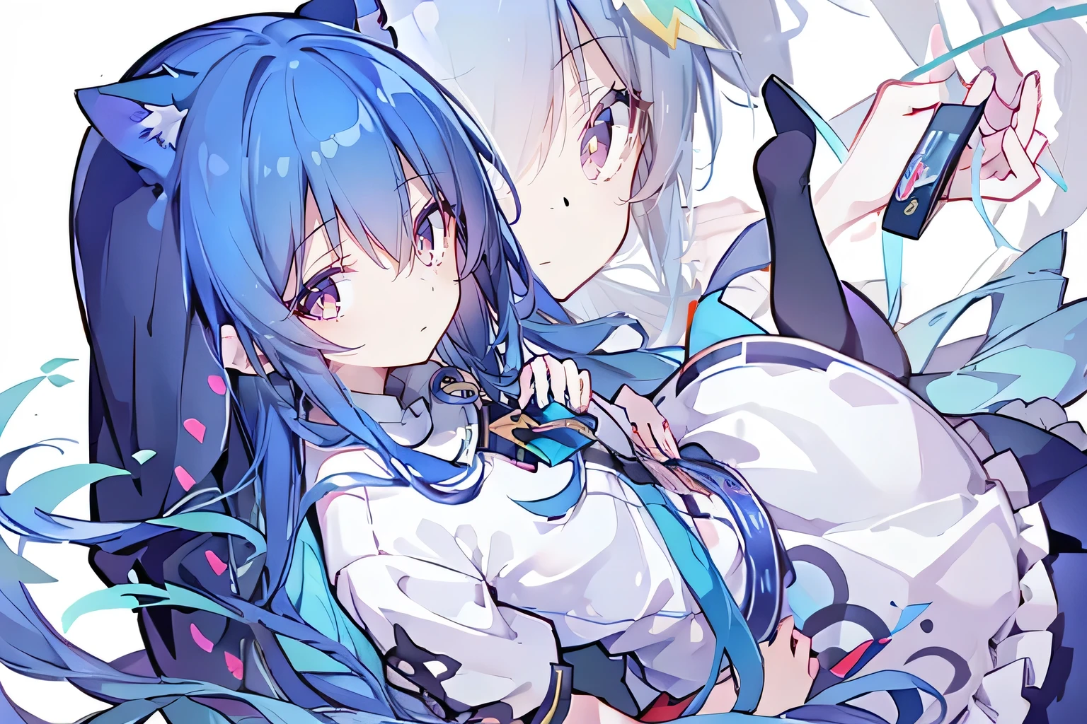 (masterpiece:1.2),Extremely detailed,Practical,expressive eyes,Fair skin,Perfect face shaping,1 Girl,
Japanese cartoons,Gorgeous blue hair, the long flowing blue hair,Floating clothes,Cat ears,Petals fall,beautiful lola,Young Angel,
Place your hands on your waist,sit elegantly on the ground,Cross your legs,Gentle and peaceful background,stately church,nun.