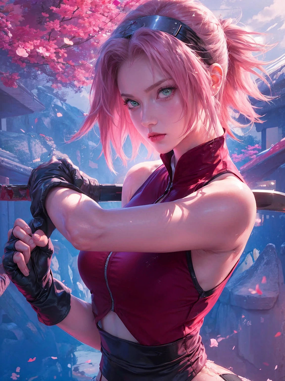 young woman, short shoulder-length pink hair, wide forehead, porcelain skin, pink eyebrows, big emerald green eyes, buttoned nose, full lips, heart-shaped face, slender body, small breasts, red tank top, Sakura Haruno , realistic, realism, details, 3d, well detailed
