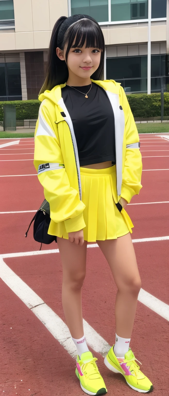 Cute  Idol Girl、whole body、Good style、、、、、、、、、、Sun-tanned thick legs、White and fluorescent yellow track jacket costume、Cool girl face、、Black Hair