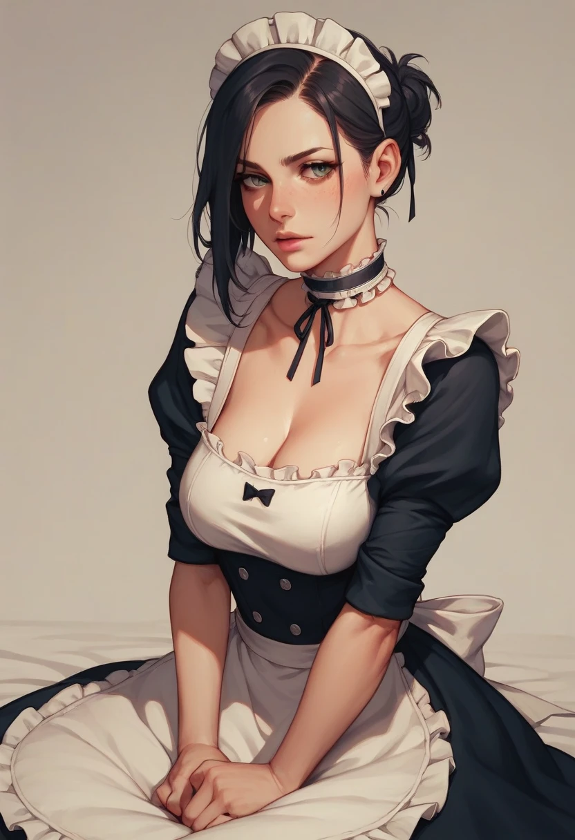 choker, Maid&#39;s Headdress, Black kimono, Wide sleeves, Frills, heart, White apron, Sleeves are longer than the wrist, skirt, red skirt, Brown footwear, Cross-laced shoes、Huge breasts、Upper Body、blush、Cleavage、Huge penis、Staring at the penis、Sweat、Surprised Eyes、