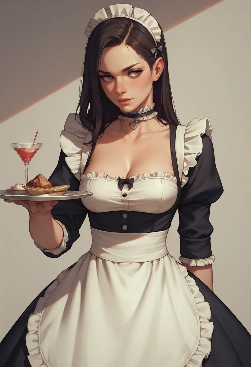 choker, Maid&#39;s Headdress, Black kimono, Wide sleeves, Frills, heart, White apron, Sleeves are longer than the wrist, skirt, red skirt, Brown footwear, Cross-laced shoes、Huge breasts、Upper Body、blush、Cleavage、Huge penis、Staring at the penis、Sweat、Surprised Eyes、