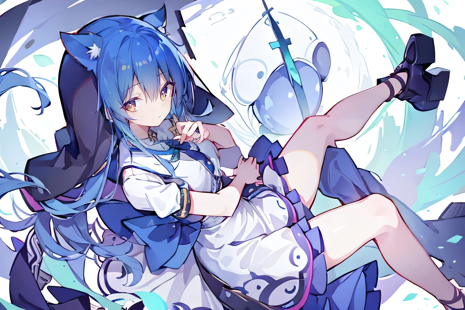 (masterpiece:1.2),Extremely detailed,Practical,expressive eyes,Fair skin,Perfect face shaping,1 Girl,
Japanese cartoons,Gorgeous blue hair, the long flowing blue hair,Floating clothes,Cat ears,Petals fall,beautiful lola,Young Angel,
Place your hands on your waist,sit elegantly on the ground,Cross your legs,Gentle and peaceful background,stately church,nun.