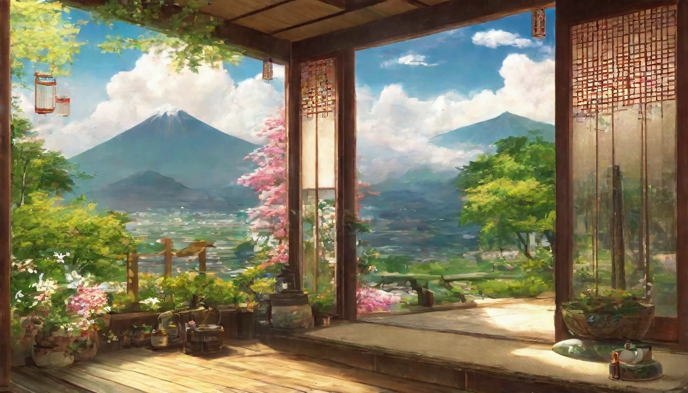Japanese style veranda,Midsummer,sunny,Scenery rich in nature,cumulonimbus,There are wind chimes hanging,Highest quality, 8k, High resolution, masterpiece:1.2, Very detailed, Realistic:1.37, High resolution, 超High resolution, Very detailed, Professional, Vibrant colors