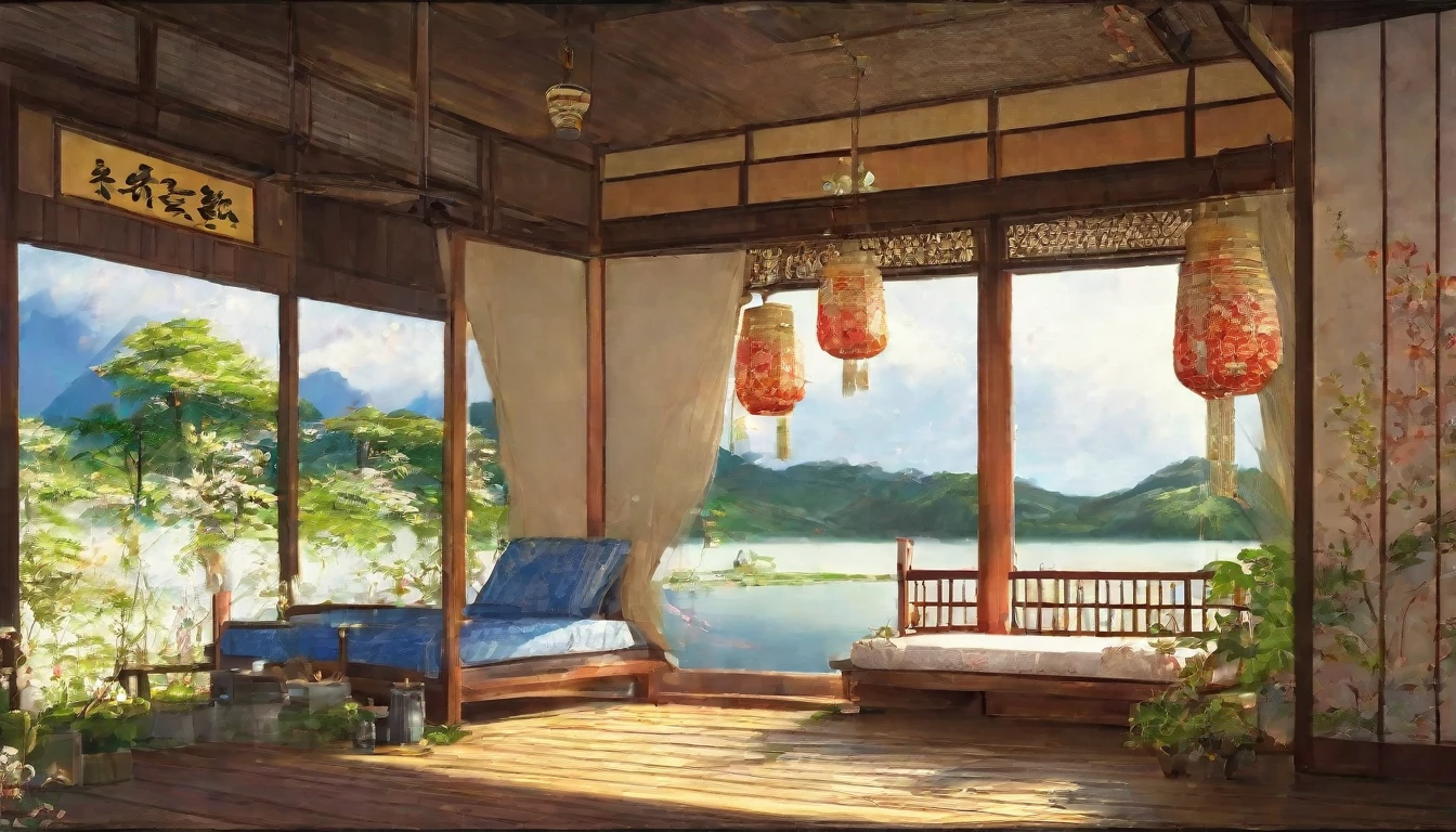Japanese style veranda,Midsummer,sunny,Scenery rich in nature,cumulonimbus,There are wind chimes hanging,Highest quality, 8k, High resolution, masterpiece:1.2, Very detailed, Realistic:1.37, High resolution, 超High resolution, Very detailed, Professional, Vibrant colors