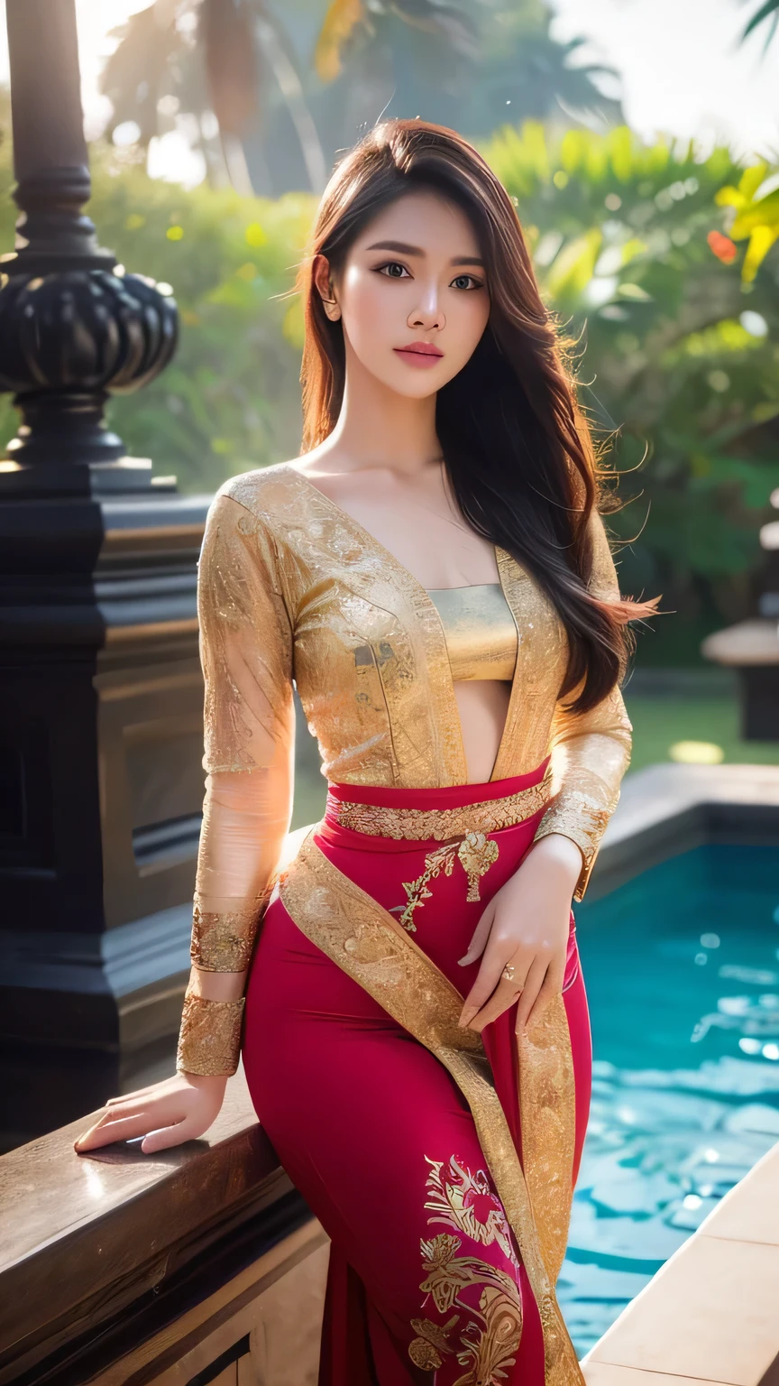 masterpiece, ultra realistic,32k,intricate details, sharp focus, realistic, closed, seductive pose, black eyes, jewelr, lips, realistic, looking_at_viewer, irene1, wet skin, shiny skin, long sleeves, indonesian clothes, bali, balinese, cityscape, dynamic pose, red kebaya,full body,slim body,nice body,long hair,beauty face,cowboy shot