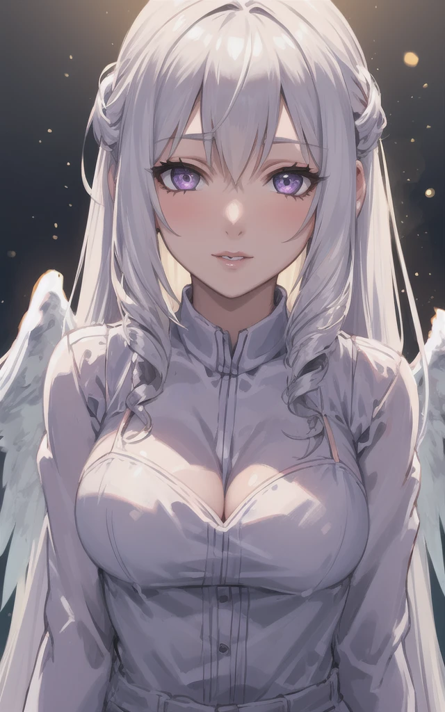 1 girl, beautiful detailed eyes, beautiful detailed lips, extremely detailed face, long wavy hair, white hair is very charming, detailed and accurate handmade, charming girl, purple eyes and white eyelashes, light in your eyes, large angel wings, delicate, fluffy white dress like clouds, hand-drawn illustration, wide background, (portrait, close-up)lens flare, depth of field, bokeh, embers, vanishing point, looking at viewer