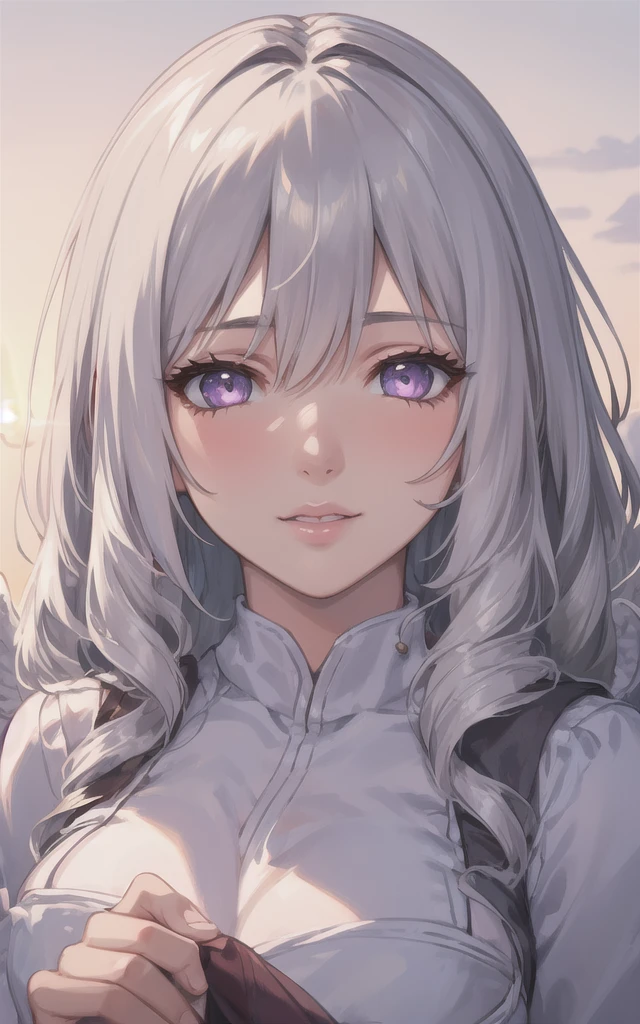1 girl, beautiful detailed eyes, beautiful detailed lips, extremely detailed face, long wavy hair, white hair is very charming, detailed and accurate handmade, charming girl, purple eyes and white eyelashes, light in your eyes, large angel wings, delicate, fluffy white dress like clouds, hand-drawn illustration, wide background, (portrait, close-up)lens flare, depth of field, bokeh, embers, vanishing point, looking at viewer