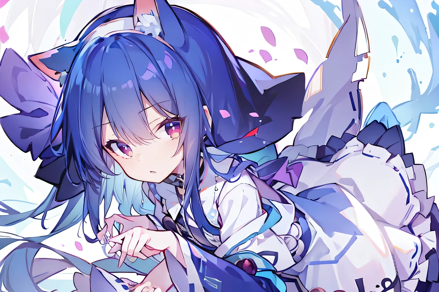 (masterpiece:1.2),Extremely detailed,Practical,expressive eyes,Fair skin,Perfect face shaping,1 Girl,
Japanese cartoons,Gorgeous blue hair, the long flowing blue hair,Floating clothes,Cat ears,Petals fall,beautiful lola,Young Angel,
Place your hands on your waist,sit elegantly on the ground,Cross your legs,Gentle and peaceful background,stately church,nun.