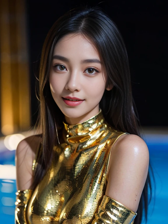 Latex bodysuit、Knee-high boots、Huge 、Long brown hair、Shiny, Oily skin、Glowing Skin、Indoor competition pool、White skin、 Body Portrait, 8k, Narrow and beautiful eyes, Dindal effect, masterpiece, 最high quality, high quality, High resolution, Very detailed photos, (Natural skin texture, Fine skin, Hyperrealism, Ultra Sharpness) , Skin with attention to detail, (Very fine, Fine skin texture, Intricate details, Beautiful Face, (A vivid face), Realistic eyes, Beautiful and detailed, Realistic Skin, Beautiful Skin, surreal, Very detailed, Golden Ratio, Smiling Eyes, ((Night moonlight background)), Body Portrait, glamorous, Shiny Bodysuit
