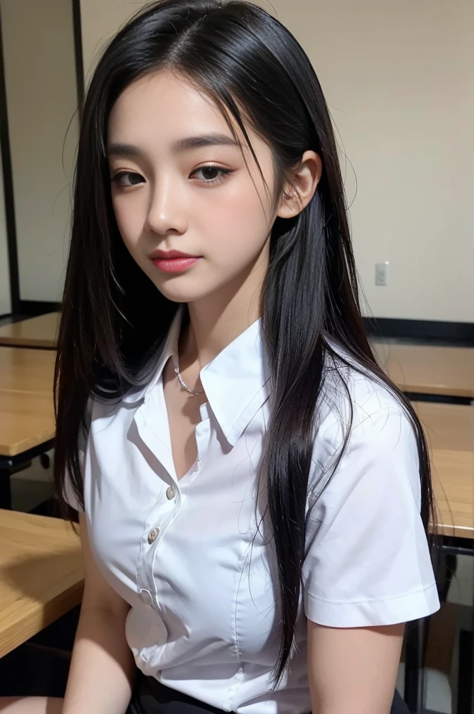 From the side, thai university uniform:1.4,Close ~ eyes:1.2,Open your mouth:1.2,Tired face:1.2,Face of Suffering:1.2,sky face:1.2,sleeping face:1.2,  masterpiece、beautiful girl、fine 目、puffy eyes、highest quality, High resolution, (reality: 1.4), Cinema Lighting,so beautiful、Beautiful Skin、(super reality)、(High resolution)、(8k)、(Very detailed)、(beautiful and fine 目)、(Very detailed)、 Detailed face、black straight long hair、20-year-old、white short-sleeve button up shirt:1.2, black tight mini skirt:1.2, metal shirt buttons:1.3, in the dark classroom:1.2, lift head up:1.3, dark tone:1.2, medium close up:1.2, hide both hands between legs:1.2