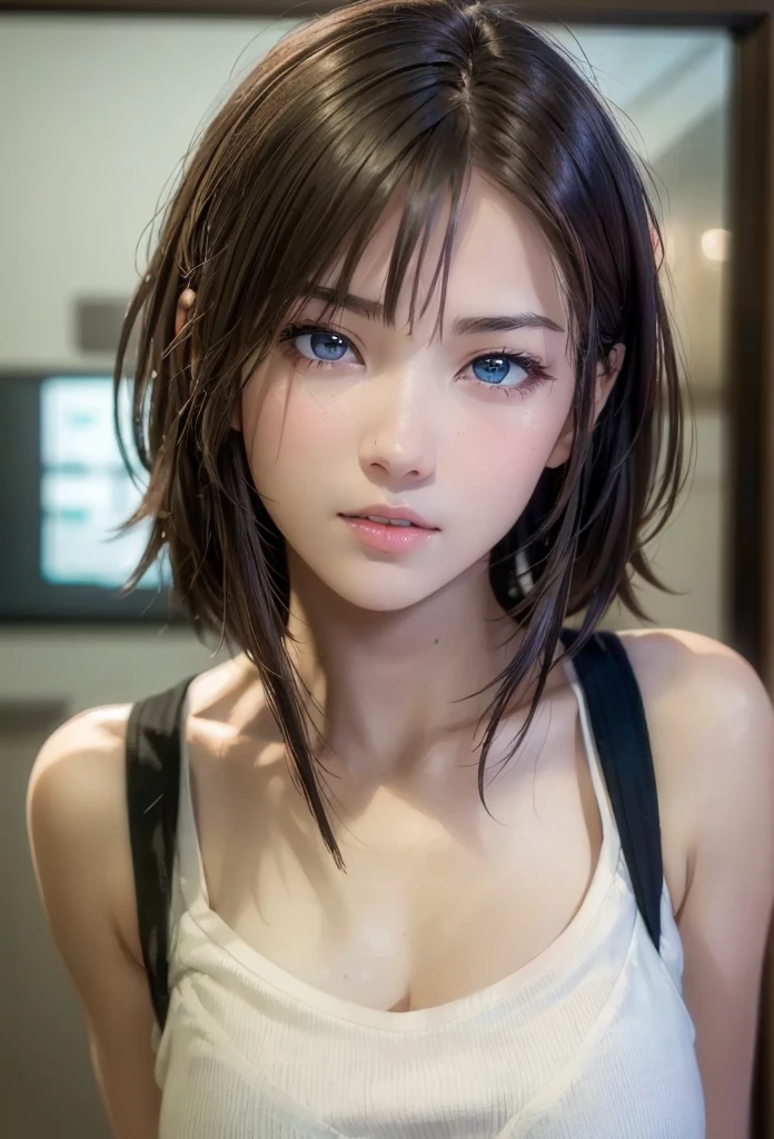(In 8K、Photorealistic、RAW Photos、Highest quality: 1.3)、(One Girl)、Beautiful Eyes、Super Beauty、(True Face)、(boyish、Natural color very short hair)、Open-chested T-shirt、Captivate your audience、Beautiful expression、Lover's point of view、(Realistic Skin)、Beautiful smile、(soldier)、Charm、Ultra-high resolution、Surreal、High definition、Hanikami