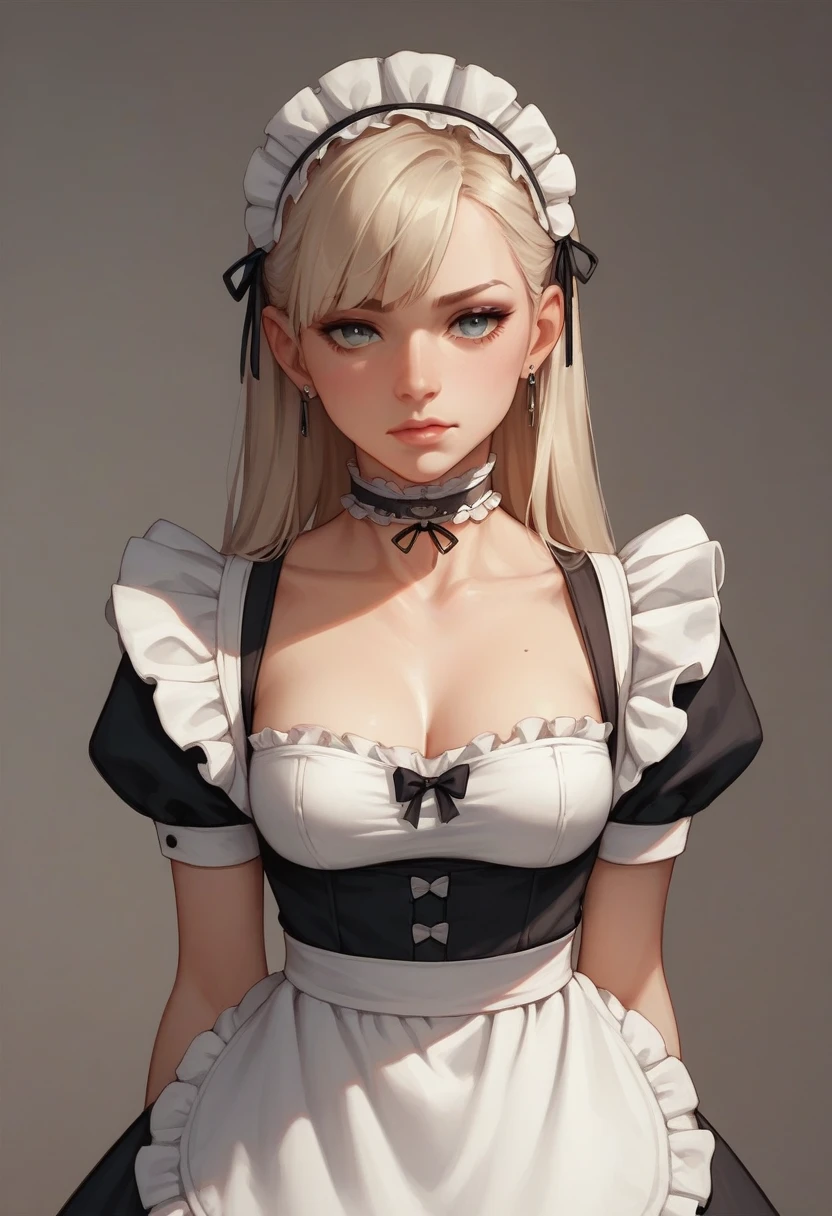 choker, Maid&#39;s Headdress, Black kimono, Wide sleeves, Frills, heart, White apron, Sleeves are longer than the wrist, skirt, red skirt, Brown footwear, Cross-laced shoes、Huge breasts、Upper Body、blush、Huge penis、Staring at the penis、Handjob