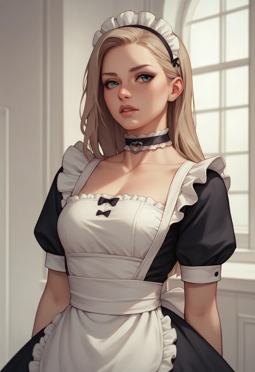 choker, Maid&#39;s Headdress, Black kimono, Wide sleeves, Frills, heart, White apron, Sleeves are longer than the wrist, skirt, red skirt, Brown footwear, Cross-laced shoes、Huge breasts、Upper Body、blush、Huge penis、Staring at the penis、Handjob