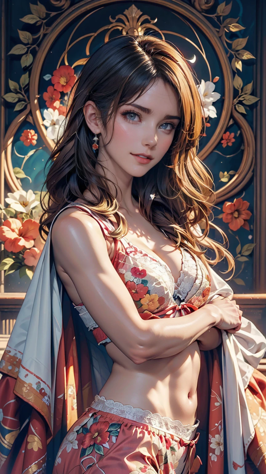 European woman face portrait, Long Curly Hair, blonde, Floral frame, Decorative panel, Abstract art, Alphonse Mucha (masterpiece, Highest quality, High resolution: 1.4), detailed, 複雑なdetailed, 4K, Color Splash, Line art, Fibonacci, In underwear