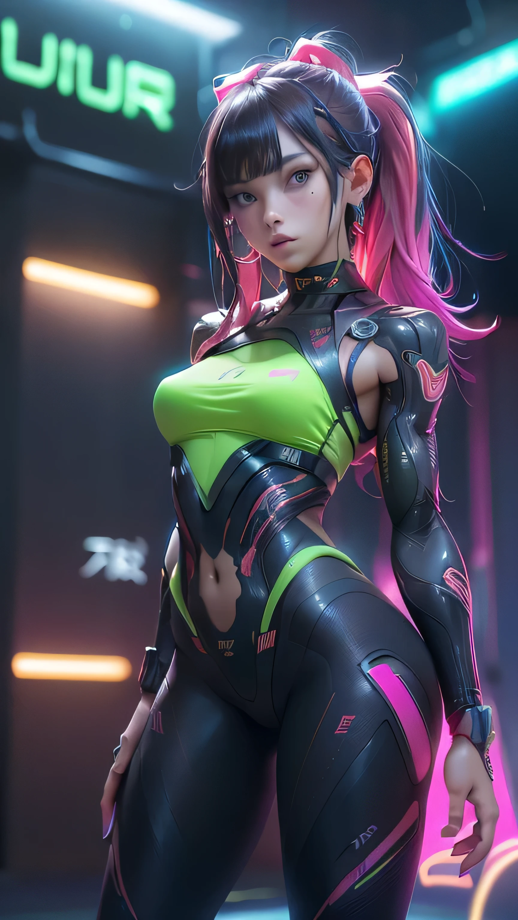 (masterpiece), (best quality), (high res) Solo, (perfect anatomy young girl (), fair skin, pink hair (shoulder length), green eyes, (skin tight idol outfit), (half naked), (blue high heels boots), (tied up shirt), (super tight mini shorts), smiling, flat chest in a futuristic space setting with a green light, cyberpunk, cyber suit, best anime 4k, cybersuits
