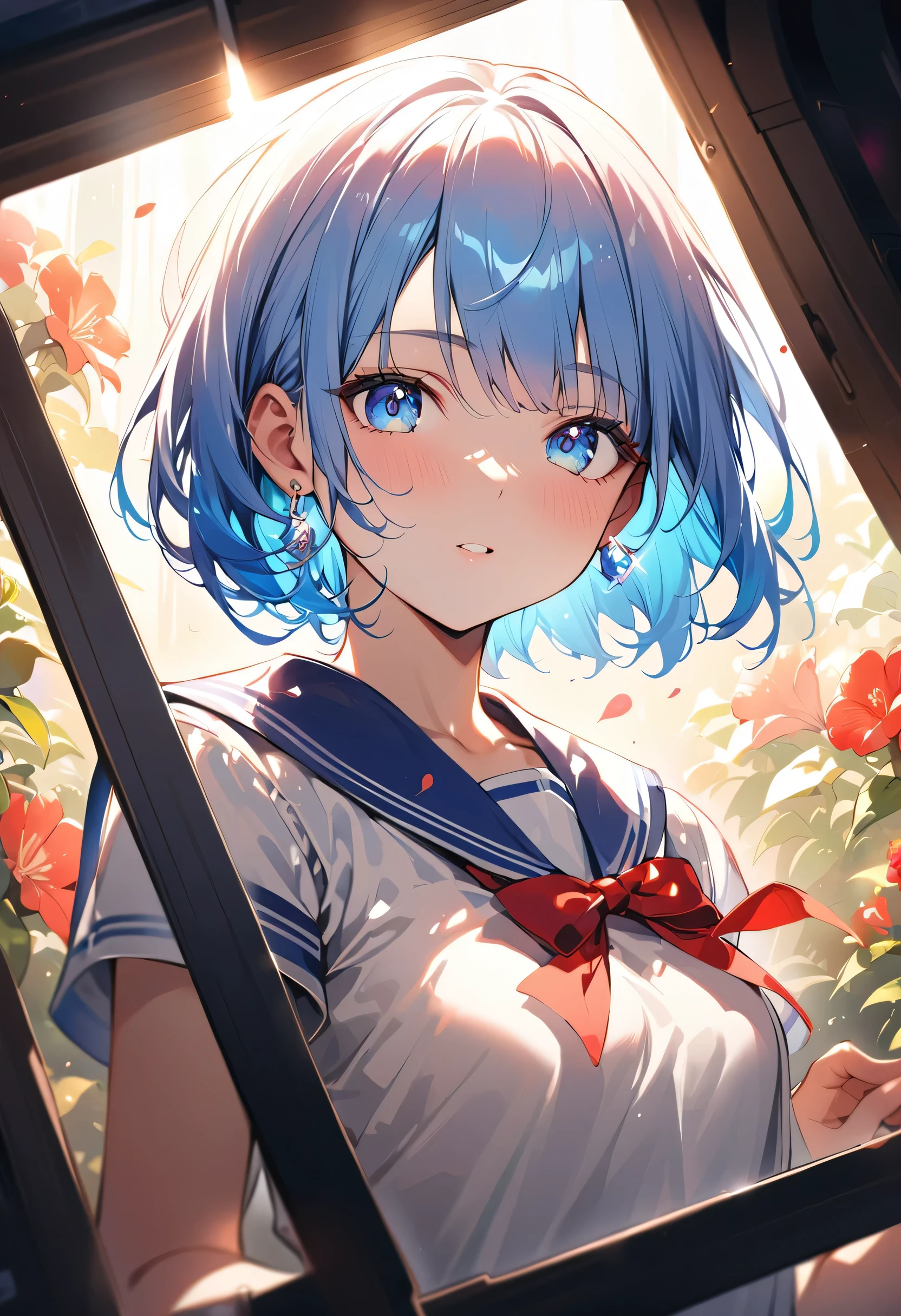 masterpiece, Highest quality, (((Playing the Electone)))、Raising awareness, Sax Blue, Platinum Earrings, Platinum Necklace, White Dress, One Girl, cute, (Dynamic Lighting:1.2), Cinema Lighting, Delicate facial features, Detailed eyes, Sharp pupils, Realistic student, Written boundary depth, ボケ Written boundary depth, Sharp focus, (Very detailed, bloom, Shine:1.4), Lots of little gems, (((short_hair))),　Toru Asakura、黒hairs、Earrings、gradation hair、multi color hair、Parted front hair、blue hair、Upper Body、Ultra close-up footage、She is wearing a see-through sailor top.、The white material is accented with a navy blue sailor collar and red ribbon.。The top is transparent up to the chest.、A design that lets your skin show through。The bottoms are a very short navy blue pleated skirt.、The waist is fitted snugly。The background is simple white.、This makes the characters stand out more.。The light source is a soft light from the front.、The overall atmosphere is bright and clean.。
