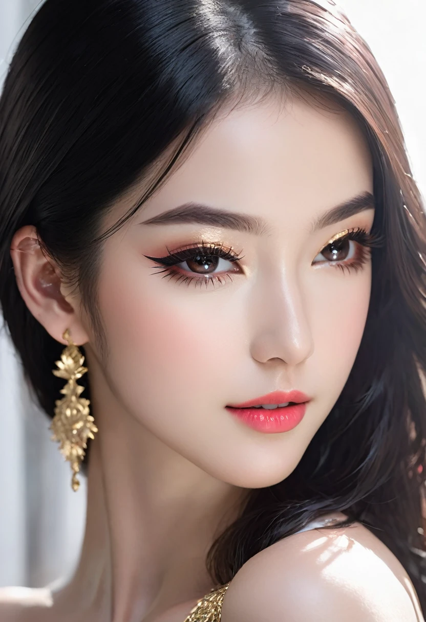 Photo taken with Canon EOS R5 85mm f/11 Camera, ((sharp)) mode of people and surrounding scenery. Image quality ((8K)), ((lifelike)), ((masterpiece)), ((sharp and highest contrast)), ((great depth of field)), ((light stereolithography)).
((very beautiful girl, asian mixed idol model));
((golden armor)), ((dragon scales)), ornately decorated;
((long gold boots)) with fancy decorations, necklaces, necklaces and jewelry of ((solid gold)), large gold earrings, necklaces, bracelets, belts, emeralds;
glossy pink lips, pink eyeshadow, eyelashes, blush, cosmetics, bright white skin, detailed pores, shiny skin, shiny skin; perfect, flawless hands; ivory white, rosy, shiny, shiny skin;
black hair, smooth, flowing in the sunlight, detailed;
black eyes, seductive, ((sharp makeup)), realistic, ((wet)), detailed, pink eye shadow;
two delicate eyelids, perfectly beautiful, detailed, black eyelashes;
curved, sparse, sharp, detailed eyebrows;
beautiful and perfect face, saintly, light makeup, perfectly proportioned, beautiful in every detail, ((shiny)), cosmetics;
beautiful, lovely, high, detailed nose;
Blush, prominent, detailed cheekbones;
seductive lips, glossy pink lips;
radiant smile, pure white teeth, details;
beautiful, perfect hands, ((no flaws)), no defects;
Super perfect body, full of vitality;
big and full breasts, prominent nipples, deep, firm cleavage, tight with bra, detailed;
plump buttocks, tight fitting underwear;
wearing a mesh bra, metallic thread, ((shiny));
wearing tight, bright red underwear;