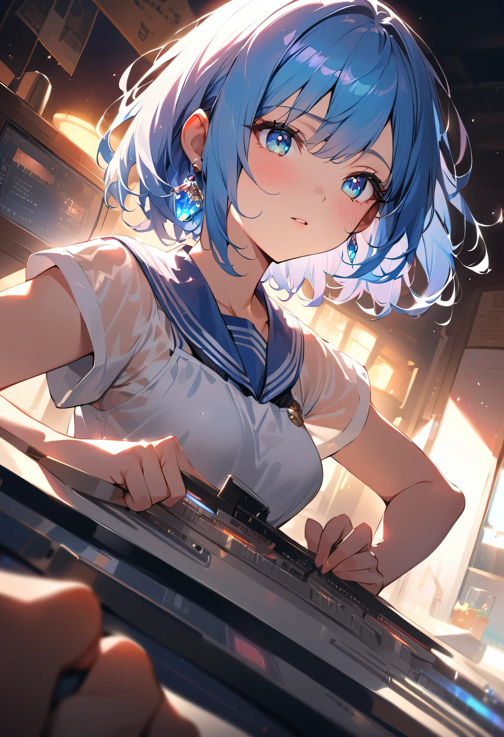 masterpiece, Highest quality, (((Playing the Electone)))、Raising awareness, Sax Blue, Platinum Earrings, Platinum Necklace, White Dress, One Girl, cute, (Dynamic Lighting:1.2), Cinema Lighting, Delicate facial features, Detailed eyes, Sharp pupils, Realistic student, Written boundary depth, ボケ Written boundary depth, Sharp focus, (Very detailed, bloom, Shine:1.4), Lots of little gems, (((short_hair))), Toru Asakura、黒hairs、Earrings、gradation hair、multi color hair、Parted front hair、blue hair、Upper Body、Ultra close-up footage、She is wearing a see-through sailor top.、The white material is accented with a navy blue sailor collar and red ribbon.。The top is transparent up to the chest.、A design that lets your skin show through。The bottoms are a very short navy blue pleated skirt.、The waist is fitted snugly。The background is simple white.、This makes the characters stand out more.。The light source is a soft light from the front.、The overall atmosphere is bright and clean.。