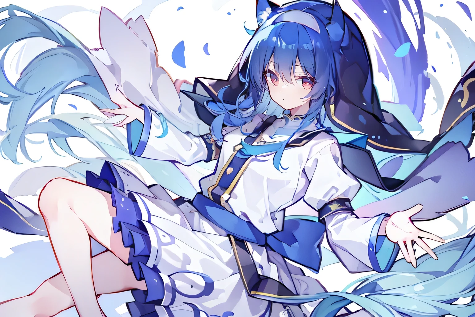 (masterpiece:1.2),Extremely detailed,Practical,expressive eyes,Fair skin,Perfect face shaping,1 Girl,
Japanese cartoons,Gorgeous blue hair, the long flowing blue hair,Floating clothes,Cat ears,Petals fall,beautiful lola,Young Angel,
Place your hands on your waist,sit elegantly on the ground,Cross your legs,Gentle and peaceful background,stately church,nun.